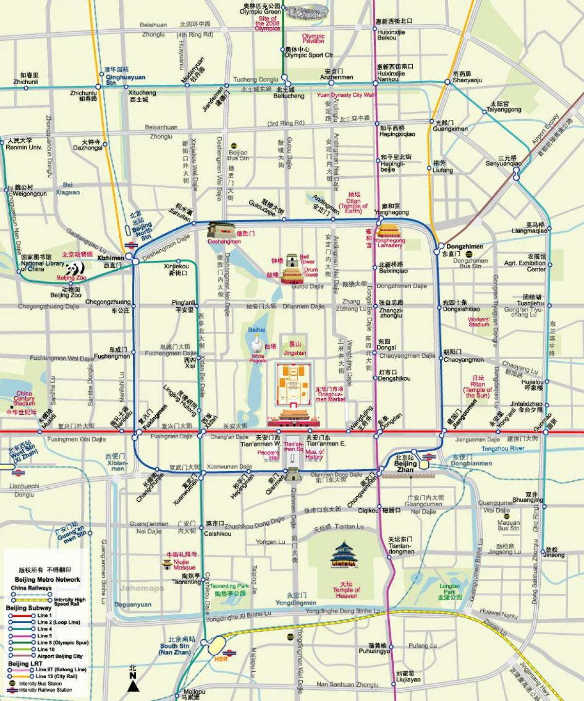 kart over Beijing t-kartet med turist-attraksjoner